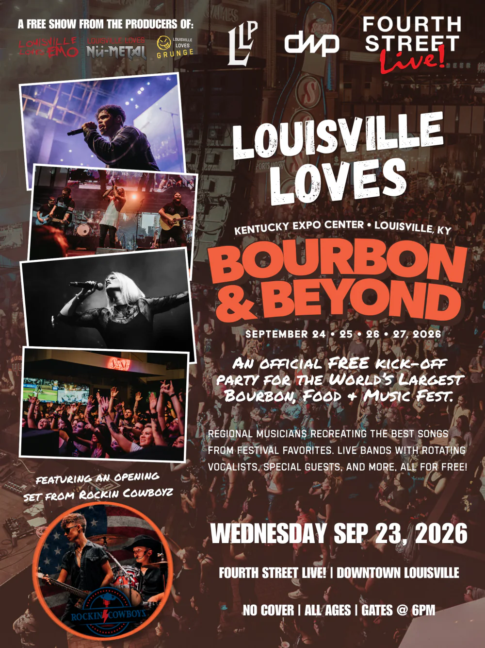 Louisville Loves Bourbon & Beyond free kick-off party flier: Wednesday September 23, 2026 at Fourth Street Live! in downtown Louisville, no cover, all ages, gates at 6PM, featuring Rockin Cowboyz