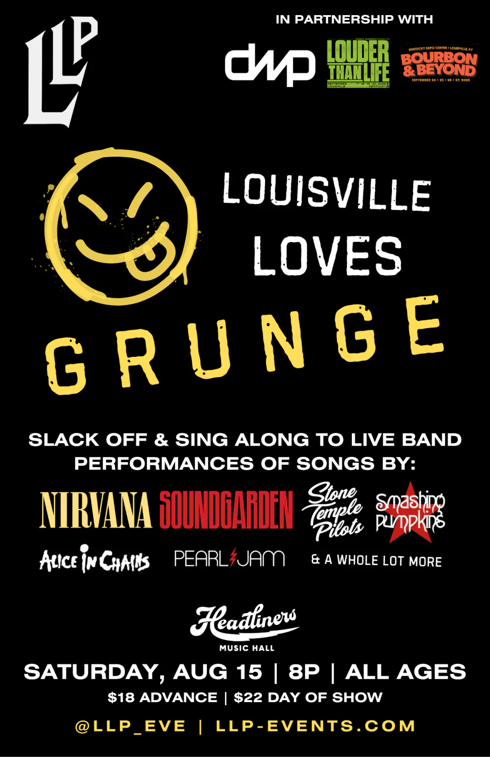 Louisville Loves Grunge concert poster: 90s grunge tribute show at Headliners Music Hall in Louisville, KY