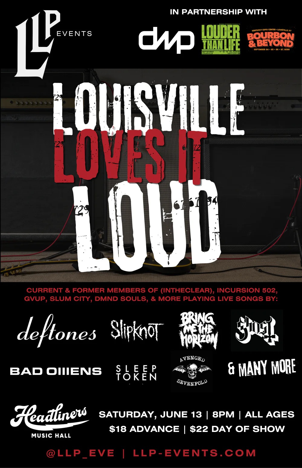 Louisville Loves It Loud concert poster: rock and metal show at Headliners Music Hall in Louisville, KY